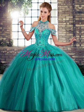 Tulle Halter Top Sleeveless Brush Train Lace Up Beading 15th Birthday Dress in Turquoise