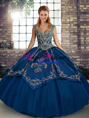 Straps Sleeveless Vestidos de Quinceanera Floor Length Beading and Embroidery Blue Tulle