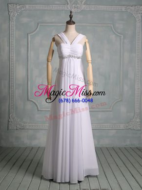 White Zipper Wedding Gowns Beading Sleeveless Floor Length
