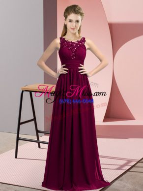 Graceful Scoop Sleeveless Bridesmaid Gown Floor Length Beading and Appliques Dark Purple Chiffon