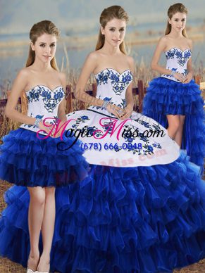 Royal Blue Ball Gowns Organza Sweetheart Sleeveless Embroidery and Ruffled Layers and Bowknot Floor Length Lace Up Quince Ball Gowns