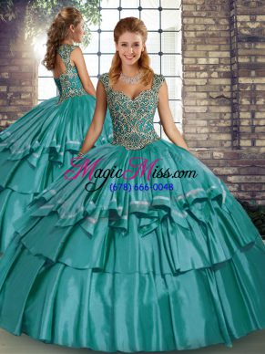 Teal Sleeveless Beading and Ruffled Layers Floor Length Quince Ball Gowns
