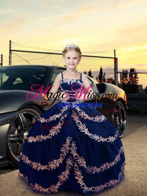 Adorable Floor Length Lace Up Girls Pageant Dresses Navy Blue for Wedding Party with Embroidery