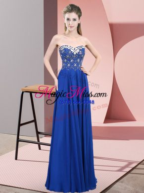 Blue Empire Beading Prom Gown Zipper Chiffon Sleeveless Floor Length