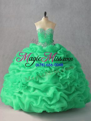 Green Organza Lace Up Sweetheart Sleeveless Floor Length Quinceanera Gown Beading and Pick Ups and Hand Made Flower