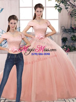 Great Off The Shoulder Short Sleeves Tulle Quinceanera Dress Lace and Hand Made Flower Lace Up