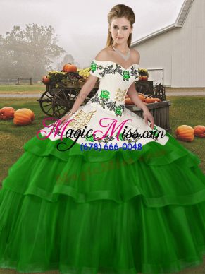 Fancy Sleeveless Embroidery and Ruffled Layers Lace Up Sweet 16 Dress with Green Brush Train