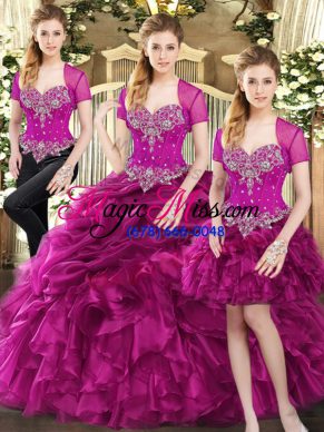 Vintage Fuchsia Organza Lace Up Quinceanera Dresses Sleeveless Floor Length Beading and Ruffles and Pick Ups