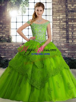 Cute Off The Shoulder Sleeveless Tulle Sweet 16 Quinceanera Dress Beading and Lace Brush Train Lace Up