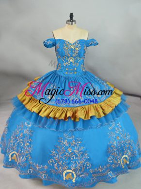 Floor Length Blue Quinceanera Dresses Organza Sleeveless Embroidery