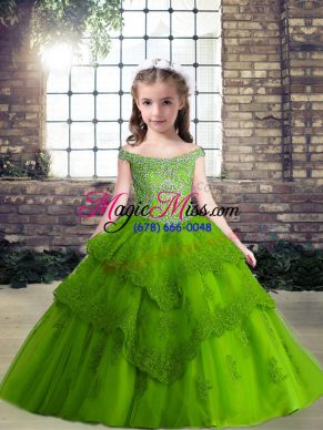 Fancy Green Sleeveless Floor Length Beading Lace Up Kids Pageant Dress