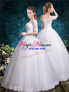 Super White Tulle Lace Up Bridal Gown Half Sleeves Floor Length Lace