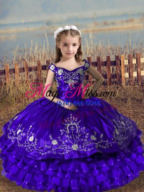 Off The Shoulder Sleeveless Lace Up Little Girls Pageant Dress Purple Satin and Organza