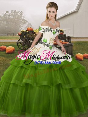 Flare Off The Shoulder Sleeveless Brush Train Lace Up Quinceanera Dresses Olive Green Tulle