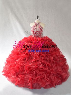 Romantic Red Vestidos de Quinceanera Halter Top Sleeveless Brush Train Lace Up