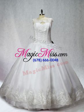Top Selling White Organza Lace Up Scoop Sleeveless Floor Length Quince Ball Gowns Beading and Appliques