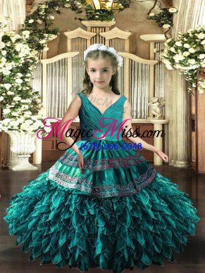 Teal Backless V-neck Beading and Appliques and Ruffles Little Girls Pageant Dress Organza Sleeveless