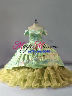 Yellow Green Lace Up Off The Shoulder Embroidery and Ruffles Quinceanera Dress Organza Sleeveless Chapel Train