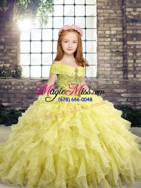 Yellow Ball Gowns Organza Straps Sleeveless Beading and Ruffles Floor Length Lace Up Pageant Dress for Teens