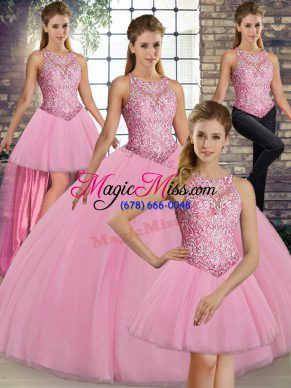 Pink Scoop Lace Up Embroidery 15th Birthday Dress Sleeveless