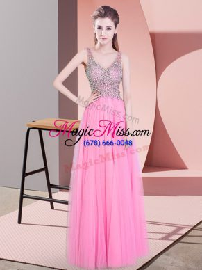 Dazzling Rose Pink Prom Evening Gown Prom and Party with Beading V-neck Sleeveless Zipper