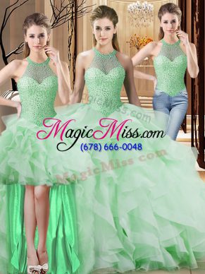 Lovely Three Pieces Sleeveless Apple Green Ball Gown Prom Dress Brush Train Lace Up