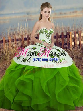 Floor Length Green 15 Quinceanera Dress Tulle Sleeveless Embroidery and Ruffles and Bowknot