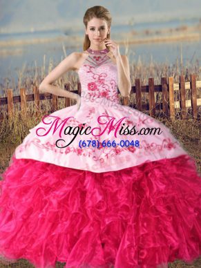 Hot Pink Sleeveless Embroidery and Ruffles Lace Up Quinceanera Gowns