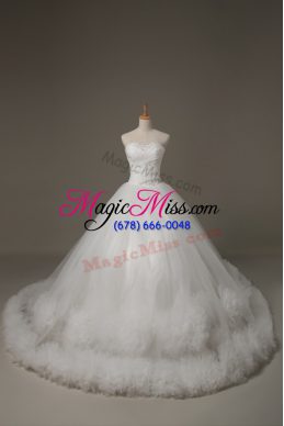 Free and Easy White Sleeveless Tulle Court Train Lace Up Bridal Gown for Wedding Party