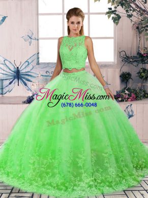 Tulle Scalloped Sleeveless Sweep Train Backless Lace Quinceanera Gowns in Green
