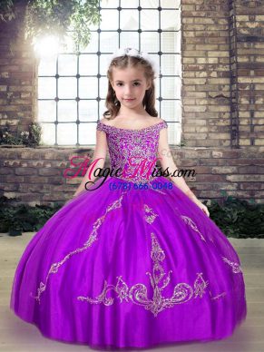 Enchanting Purple Off The Shoulder Neckline Beading Child Pageant Dress Sleeveless Lace Up