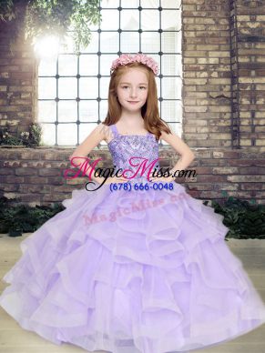 Perfect Straps Sleeveless High School Pageant Dress Floor Length Beading and Ruffles Lavender Tulle