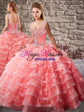 Popular Watermelon Red Lace Up Quinceanera Dress Beading and Ruffled Layers Sleeveless Court Train