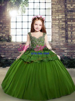 Unique Floor Length Green Child Pageant Dress Straps Sleeveless Lace Up