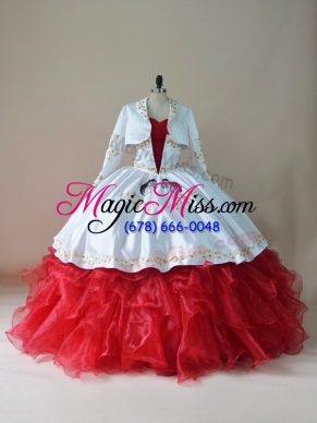 White And Red Ball Gown Prom Dress Sweet 16 and Quinceanera with Embroidery and Ruffles Sweetheart Sleeveless Lace Up
