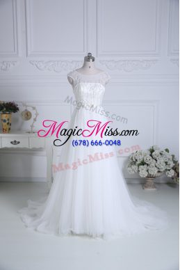 White Scoop Neckline Beading and Belt Bridal Gown Cap Sleeves Lace Up