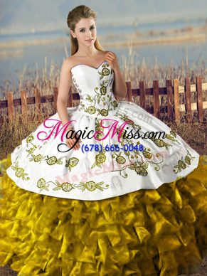 Dramatic Sweetheart Sleeveless Quinceanera Gown Floor Length Embroidery and Ruffles Brown Satin and Organza