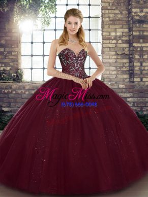Sweet Burgundy Sweetheart Lace Up Beading Quince Ball Gowns Sleeveless