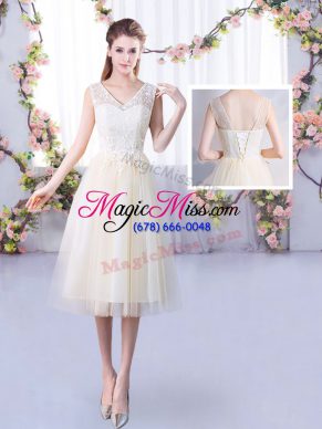 High End Champagne Lace Up Quinceanera Court Dresses Lace Sleeveless Tea Length