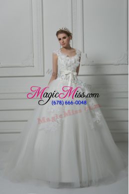 Captivating White Ball Gowns Tulle V-neck Sleeveless Lace and Appliques and Belt and Hand Made Flower Lace Up Wedding Gowns Brush Train
