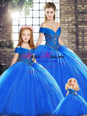 Royal Blue Ball Gowns Organza Off The Shoulder Sleeveless Beading Lace Up Sweet 16 Quinceanera Dress Brush Train