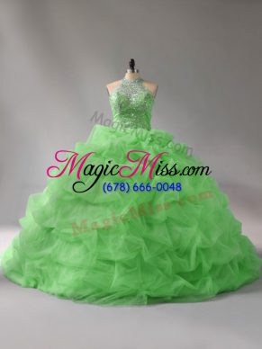 Custom Made 15th Birthday Dress Sweet 16 and Quinceanera with Beading and Pick Ups Halter Top Sleeveless Court Train Lace Up