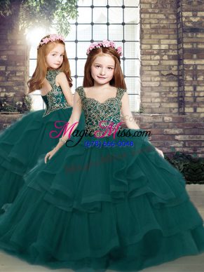 Fashion Peacock Green Kids Pageant Dress Party and Military Ball and Wedding Party with Beading and Ruffles Straps Sleeveless Lace Up