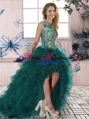 A-line Glitz Pageant Dress Dark Green Scoop Organza Sleeveless High Low Lace Up