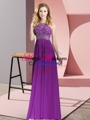 Sleeveless Chiffon Floor Length Backless Prom Evening Gown in Purple with Beading