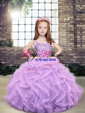 Cute Sleeveless Tulle Floor Length Lace Up Little Girls Pageant Dress Wholesale in Lavender with Beading and Ruffles