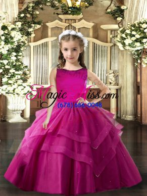Custom Fit Fuchsia Lace Up Little Girl Pageant Gowns Ruffled Layers Sleeveless Floor Length
