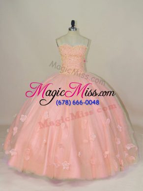 Custom Fit Pink Ball Gowns Hand Made Flower 15 Quinceanera Dress Lace Up Tulle Sleeveless Floor Length