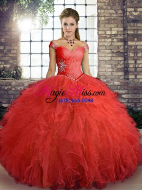 Off The Shoulder Sleeveless Tulle 15th Birthday Dress Beading and Ruffles Lace Up