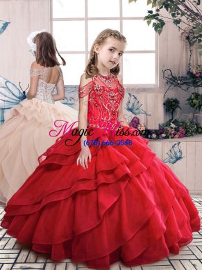 Pretty Ball Gowns Little Girls Pageant Dress Wholesale Red Halter Top Organza Sleeveless Floor Length Lace Up